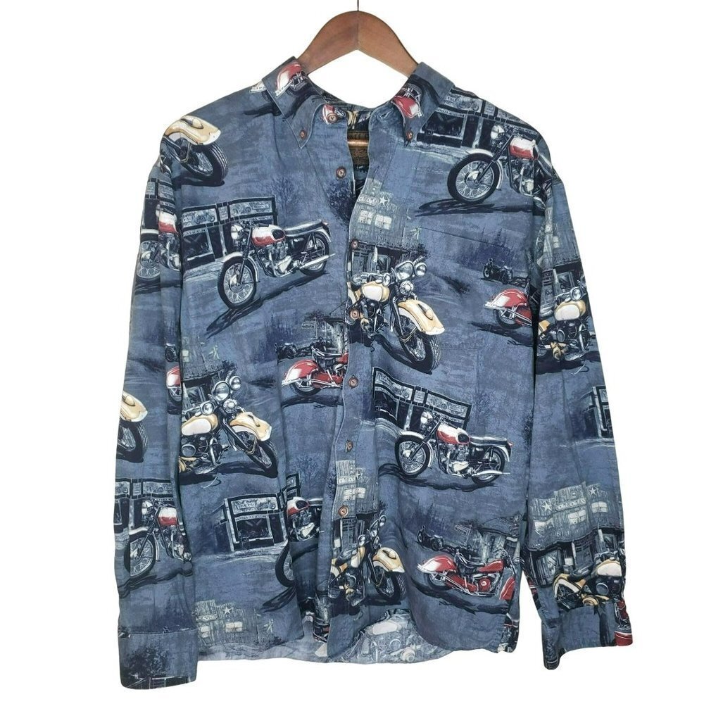 VTG Mens Classic Motorcycle Moto Shirt Button down Large Long Sleeve Cotton Bike